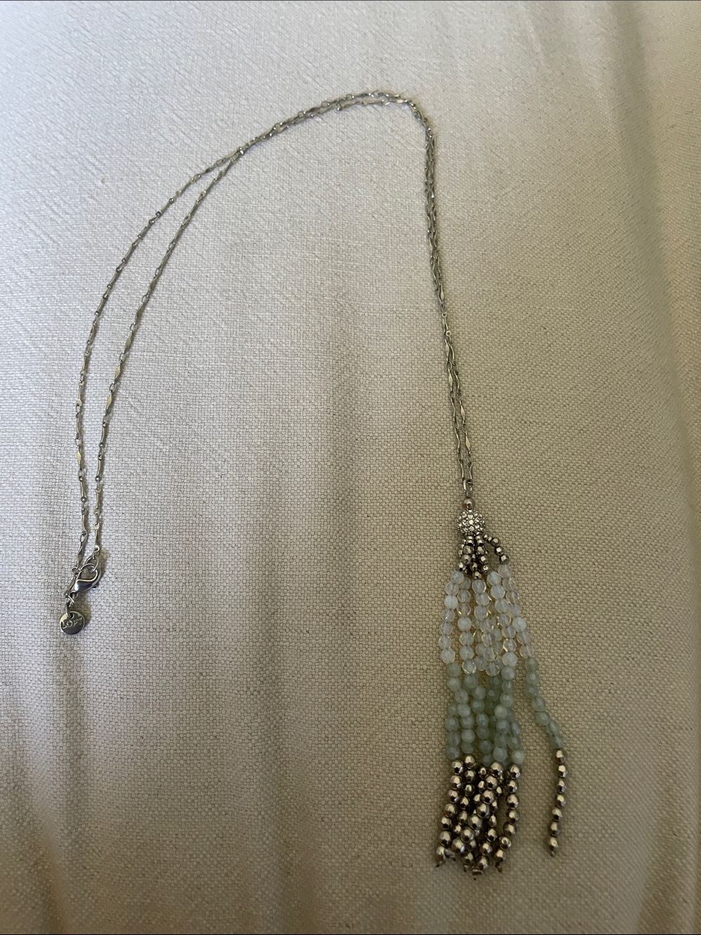 LOFT Silver-Tone Necklace with Pale Blue and White Beaded Tassel